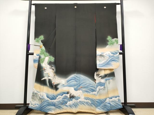 平和屋着物■極上　アンティーク　大正ロマン　中国三大刺繍　相良刺繍　振袖　手描き　鶴　松　暈し染め　黒地　金糸　逸品　CYAA3866s5