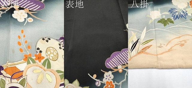 平和屋着物■極上　アンティーク　大正ロマン　振袖　駒刺繍　立波枝花文　暈し染め　黒地　金彩　逸品　CYAA3870s5 平和屋着物□極上 アンティーク 大正ロマン 振袖 駒刺繍 立波枝花文 暈