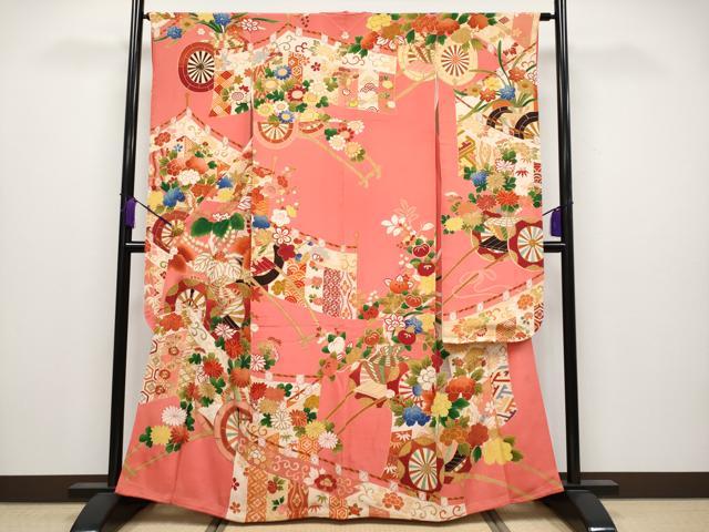 平和屋着物■極上　アンティーク　大正ロマン　振袖　駒刺繍　花車文　銀朱色地　逸品　CYAA3872s5