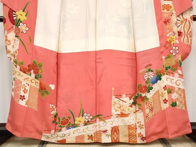 平和屋着物■極上　アンティーク　大正ロマン　振袖　駒刺繍　花車文　銀朱色地　逸品　CYAA3872s5 平和屋着物□極上 アンティーク 大正ロマン 振袖 駒刺繍 花車文 銀朱色地