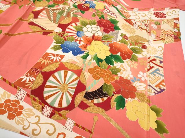 平和屋着物□極上 アンティーク 大正ロマン 振袖 駒刺繍 花車文 銀朱色地