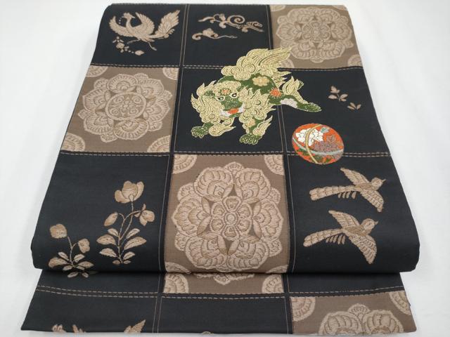 平和屋着物●極上　六通柄袋帯　唐織　唐獅子　鞠　黒地　金糸　逸品　CYAA3964s6 平和屋着物○極上 六通柄袋帯 唐織 唐獅子 鞠 黒地 金糸 逸品