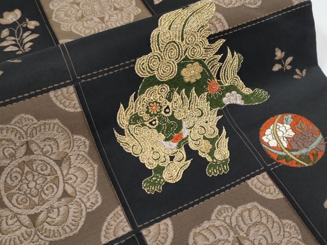 平和屋着物●極上　六通柄袋帯　唐織　唐獅子　鞠　黒地　金糸　逸品　CYAA3964s6 平和屋着物○極上 六通柄袋帯 唐織 唐獅子 鞠 黒地 金糸 逸品