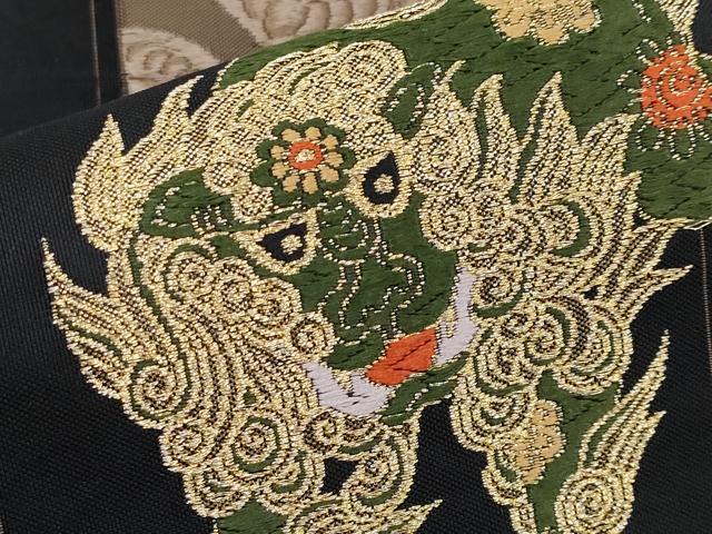 平和屋着物●極上　六通柄袋帯　唐織　唐獅子　鞠　黒地　金糸　逸品　CYAA3964s6 平和屋着物○極上 六通柄袋帯 唐織 唐獅子 鞠 黒地 金糸 逸品