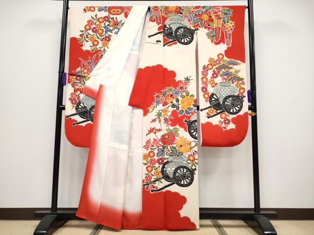 平和屋着物●極上　和染紅型　栗山紅型　栗山吉三郎　振袖　長襦袢セット　花車文　鬼しぼ縮緬　逸品　CYAA4023s6 平和屋着物○極上 和染紅型 栗山紅型 栗山吉三郎 振袖 長襦袢セット