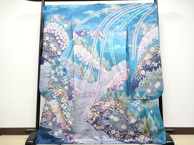 平和屋本店●極上　越後十日町の一流染匠　桐屋・翠山工房　振袖　辻が花　絞り　暈し染め　銀通し地　やまと金ラベル　逸品　CYAA4043s6