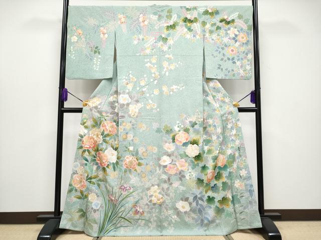 平和屋本店●極上　京友禅の第一人者　松井青々　訪問着　刺繍　草花文　金銀彩　山葵色地　逸品　CYAA4047s6