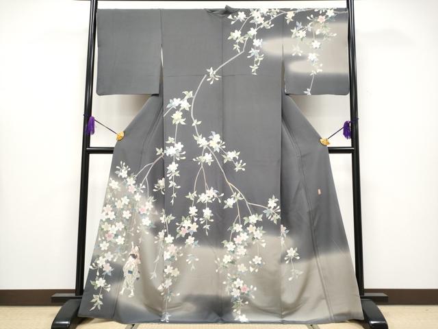 平和屋本店●極上　十日町　加賀草木友禅の第一人者　田村哲彦　訪問着　童子　枝垂れ桜　暈し染め　墨色地　逸品　CYAA4061s6