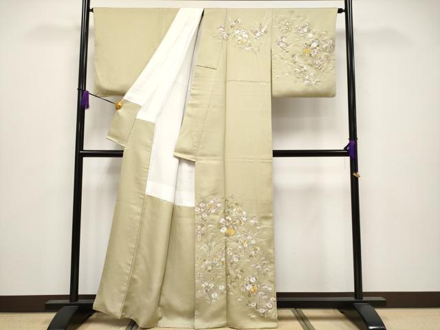 平和屋本店●極上　中国三大刺繍　相良刺繍　訪問着　駒刺繍　雪輪草花文　利休茶色　金糸　逸品　CYAA4069s6 平和屋本店○極上 中国三大刺繍 相良刺繍 訪問着 駒刺繍 雪輪