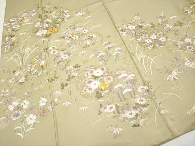 平和屋本店●極上　中国三大刺繍　相良刺繍　訪問着　駒刺繍　雪輪草花文　利休茶色　金糸　逸品　CYAA4069s6 平和屋本店○極上 中国三大刺繍 相良刺繍 訪問着 駒刺繍 雪輪