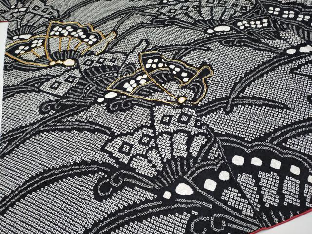 平和屋着物●極上　振袖　駒刺繍　絞り　舞蝶文　黒地　逸品　CYAA4106s6 平和屋着物○極上 振袖 駒刺繍 絞り 舞蝶文 黒地 逸品 CYAA4106s6
