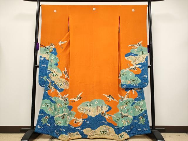 平和屋本店●極上　アンティーク　大正ロマン　中国三大刺繍　相良刺繍　振袖　松竹梅　蓑亀　鶴　金糸　赤橙色地　逸品　CYAA4166s6
