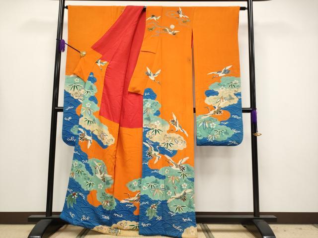 平和屋本店●極上　アンティーク　大正ロマン　中国三大刺繍　相良刺繍　振袖　松竹梅　蓑亀　鶴　金糸　赤橙色地　逸品　CYAA4166s6_1