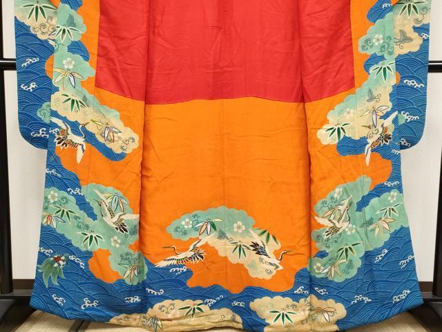 平和屋本店●極上　アンティーク　大正ロマン　中国三大刺繍　相良刺繍　振袖　松竹梅　蓑亀　鶴　金糸　赤橙色地　逸品　CYAA4166s6_2