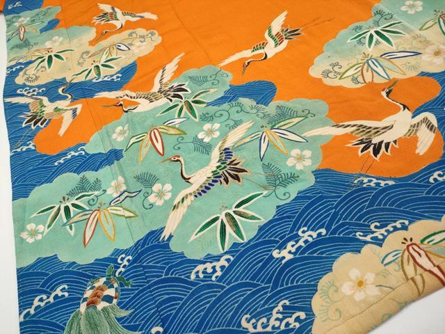平和屋本店●極上　アンティーク　大正ロマン　中国三大刺繍　相良刺繍　振袖　松竹梅　蓑亀　鶴　金糸　赤橙色地　逸品　CYAA4166s6_4