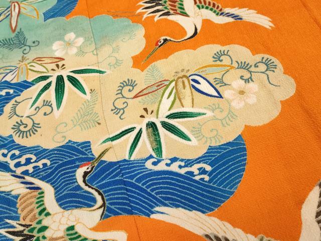 平和屋本店●極上　アンティーク　大正ロマン　中国三大刺繍　相良刺繍　振袖　松竹梅　蓑亀　鶴　金糸　赤橙色地　逸品　CYAA4166s6_3