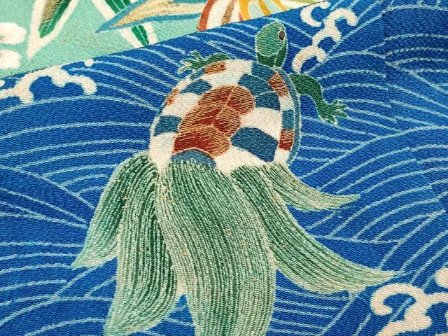平和屋本店●極上　アンティーク　大正ロマン　中国三大刺繍　相良刺繍　振袖　松竹梅　蓑亀　鶴　金糸　赤橙色地　逸品　CYAA4166s6_7