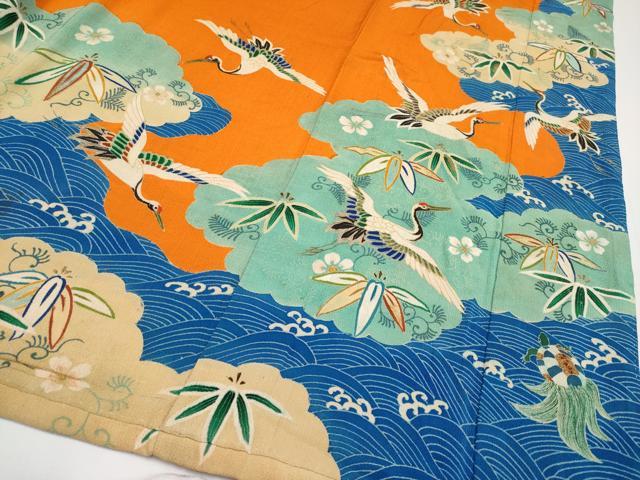 平和屋本店●極上　アンティーク　大正ロマン　中国三大刺繍　相良刺繍　振袖　松竹梅　蓑亀　鶴　金糸　赤橙色地　逸品　CYAA4166s6_5