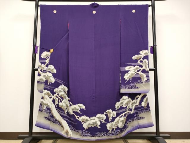 平和屋着物●極上　アンティーク　大正ロマン　中国三大刺繍　相良刺繍　振袖　枝松文　金糸　鬼しぼ縮緬　深紫色地　逸品　CYAA4167s6