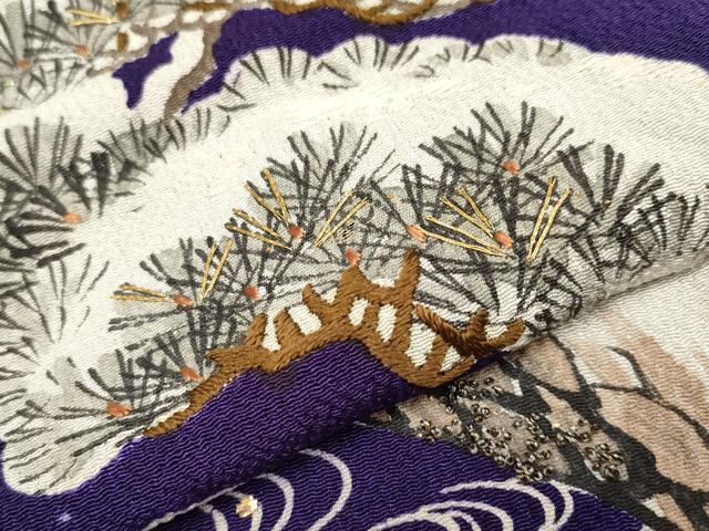 平和屋着物●極上　アンティーク　大正ロマン　中国三大刺繍　相良刺繍　振袖　枝松文　金糸　鬼しぼ縮緬　深紫色地　逸品　CYAA4167s6_5