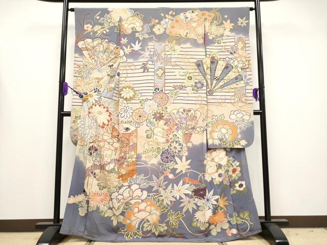 平和屋着物●極上　アンティーク　大正ロマン　振袖　駒刺繍　貝桶檜扇草花文　薄鼠色地　逸品　CYAA4168s6