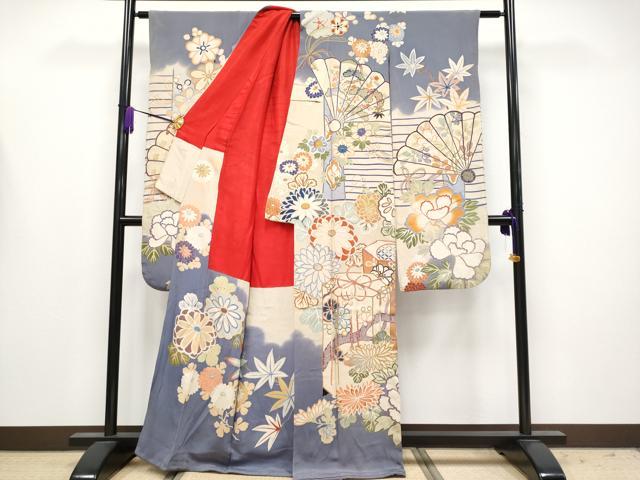 平和屋着物●極上　アンティーク　大正ロマン　振袖　駒刺繍　貝桶檜扇草花文　薄鼠色地　逸品　CYAA4168s6_1