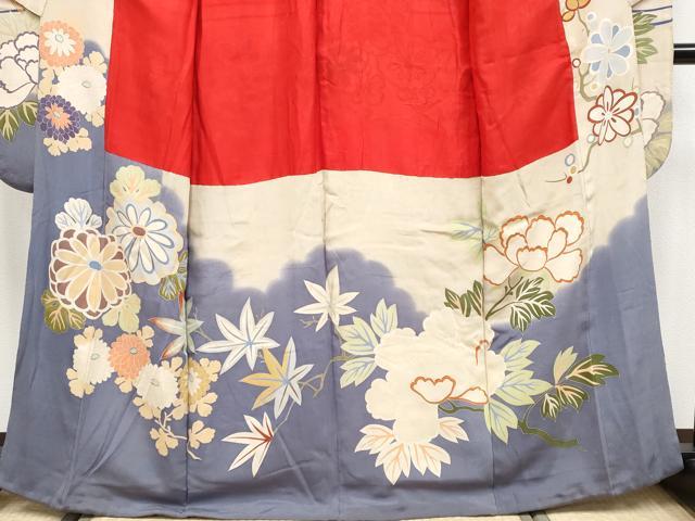 平和屋着物●極上　アンティーク　大正ロマン　振袖　駒刺繍　貝桶檜扇草花文　薄鼠色地　逸品　CYAA4168s6_2