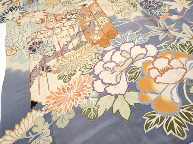 平和屋着物●極上　アンティーク　大正ロマン　振袖　駒刺繍　貝桶檜扇草花文　薄鼠色地　逸品　CYAA4168s6_4