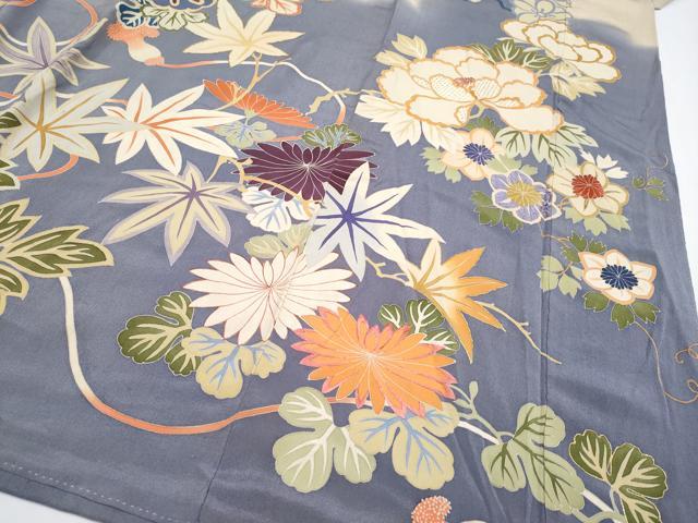 平和屋着物●極上　アンティーク　大正ロマン　振袖　駒刺繍　貝桶檜扇草花文　薄鼠色地　逸品　CYAA4168s6_5