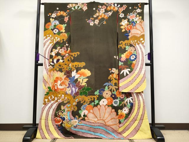 平和屋着物●極上　アンティーク　大正ロマン　振袖　駒刺繍　立波枝花文　金彩　逸品　CYAA4180s6