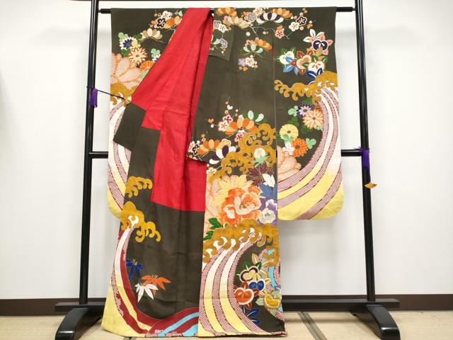 平和屋着物●極上　アンティーク　大正ロマン　振袖　駒刺繍　立波枝花文　金彩　逸品　CYAA4180s6_1