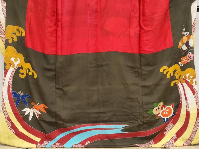 平和屋着物●極上　アンティーク　大正ロマン　振袖　駒刺繍　立波枝花文　金彩　逸品　CYAA4180s6_2