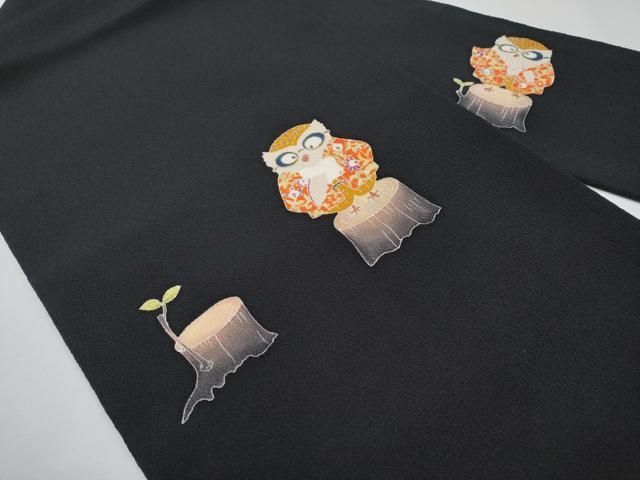平和屋着物●極上　九寸名古屋帯　型染め　フクロウ　黒地　金彩　鬼しぼ縮緬　逸品　CYAA4255s6_1