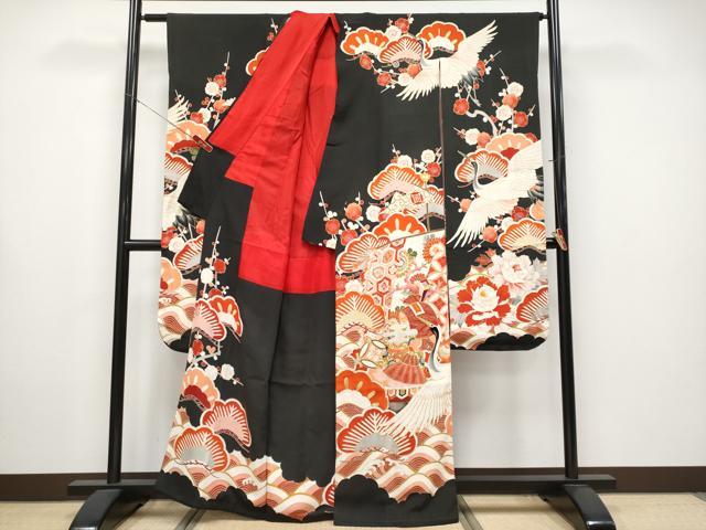 ■E5029■アンティーク■正絹縮緬■大正ロマン　五つ紋　宝船と鶴柄　袷　振袖■ 平和屋本店○極上 アンティーク 大正ロマン 振袖 駒刺繍 宝船飛鶴花文