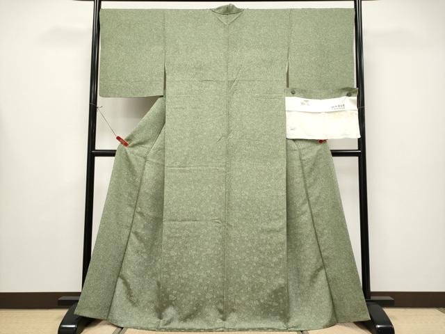 平和屋着物●極上　人間国宝・羽田登喜男　お召　本唐織　鴛鴦地紋　たたき染め　鶸茶色地　反端付き　逸品　CYAA4318s6_1