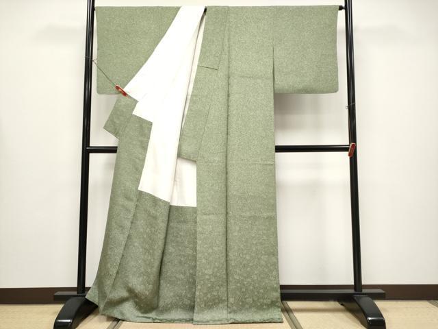 平和屋着物●極上　人間国宝・羽田登喜男　お召　本唐織　鴛鴦地紋　たたき染め　鶸茶色地　反端付き　逸品　CYAA4318s6_2