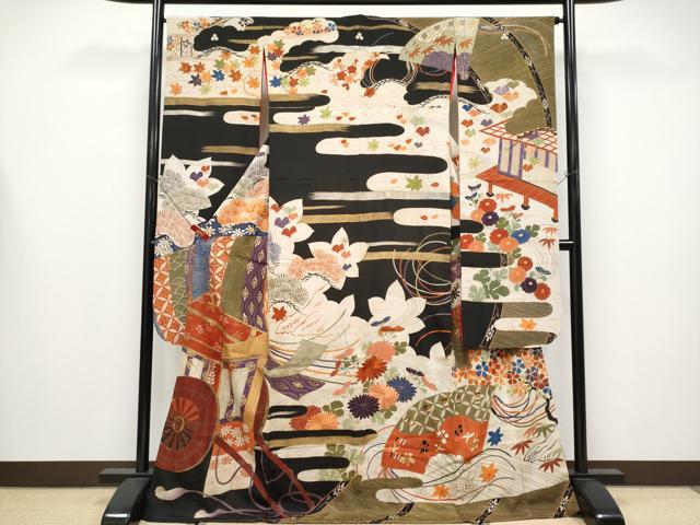 平和屋着物●極上　アンティーク　大正ロマン　振袖　駒刺繍　御所車枝花文　金彩　逸品　CYAA4332s6 平和屋着物○極上 アンティーク 大正ロマン 振袖 駒刺繍 御所車枝花文