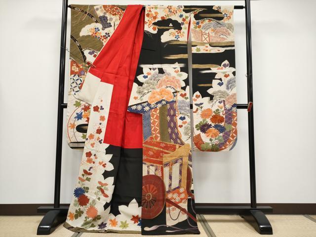 平和屋着物●極上　アンティーク　大正ロマン　振袖　駒刺繍　御所車枝花文　金彩　逸品　CYAA4332s6 平和屋着物○極上 アンティーク 大正ロマン 振袖 駒刺繍 御所車枝花文