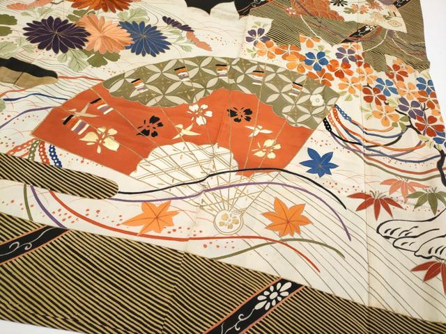 平和屋着物●極上　アンティーク　大正ロマン　振袖　駒刺繍　御所車枝花文　金彩　逸品　CYAA4332s6 平和屋着物○極上 アンティーク 大正ロマン 振袖 駒刺繍 御所車枝花文