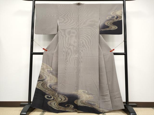 平和屋着物●極上　印傳　訪問着　江戸小紋　流水花唐草文　万筋　黒紅色×白　金彩　さが美扱い　逸品　CYAA4334s6