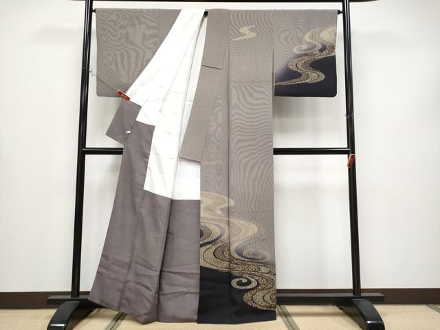 平和屋着物●極上　印傳　訪問着　江戸小紋　流水花唐草文　万筋　黒紅色×白　金彩　さが美扱い　逸品　CYAA4334s6_1