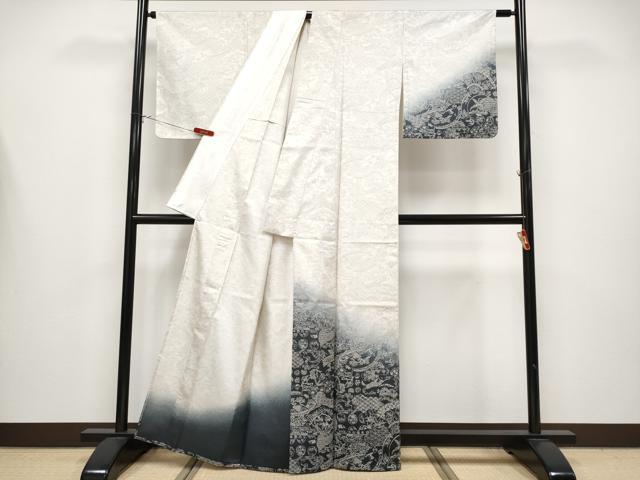 平和屋着物▽極上　訪問着　本場縞大島紬　単衣　草木小紋　花鳥風景文　武島織物謹製　証紙付き　逸品　未使用　CYAA4350s6