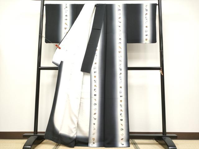 平和屋着物●極上　小紋　動物楽器玩具文　暈し染め　黒地　逸品　CYAA4385s6_2
