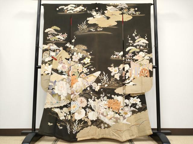 平和屋着物●極上　アンティーク　大正ロマン　振袖　駒刺繍　花舟文　黒地　金彩　逸品　CYAA4389s6