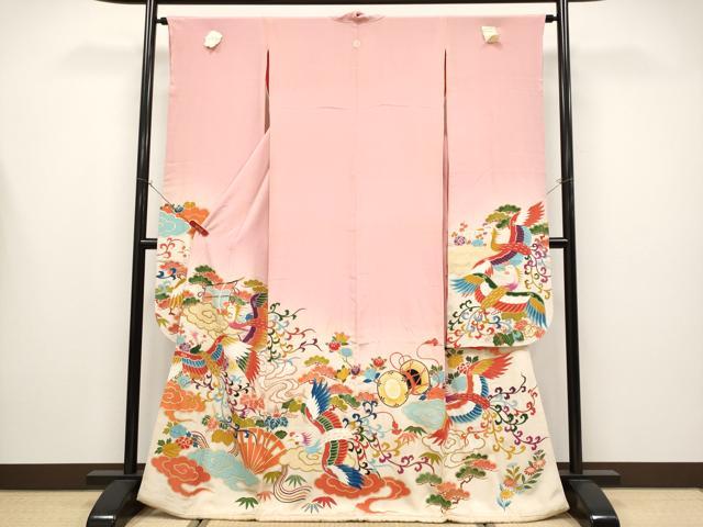 平和屋本店●極上　アンティーク　大正ロマン　振袖　鳳凰雲取り枝花文　暈し染め　金彩　紅梅色地　逸品　CYAA4392s6