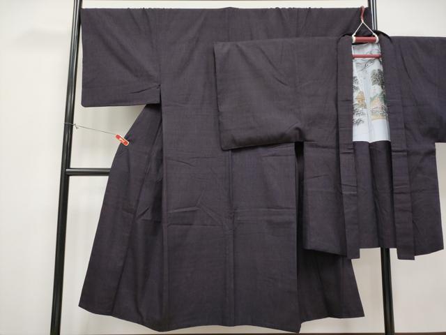 平和屋本店●極上　男性　本場結城紬　重要無形文化財　アンサンブル　色無地　黒紅色地　逸品　CYAA4395s6