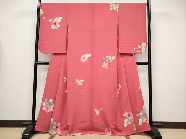 平和屋着物●極上　小紋　手描き　草花文　薔薇色地　逸品　CYAA4455s6 平和屋着物○極上 小紋 手描き 草花文 薔薇色地 逸品 CYAA4455s6