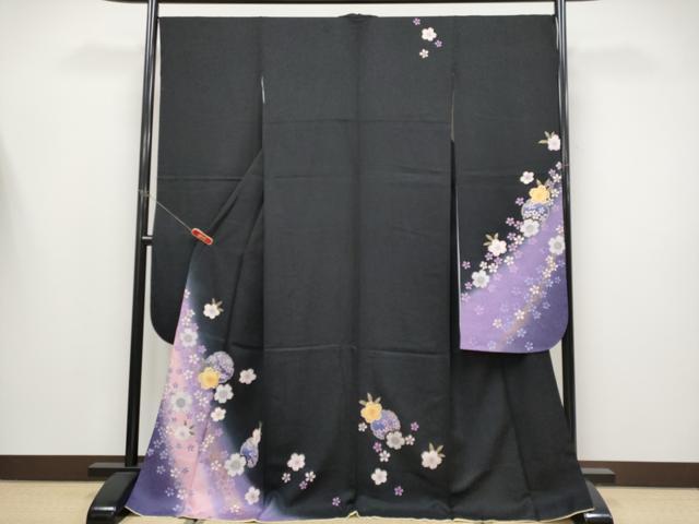 平和屋着物●極上　振袖　雪輪舞桜文　暈し染め　黒地　金彩　やまと誂製　逸品　CYAA4472s6 平和屋着物○豪華振袖 総絞り 駒刺繍 草花丸文 黒地 金彩 正絹 逸品