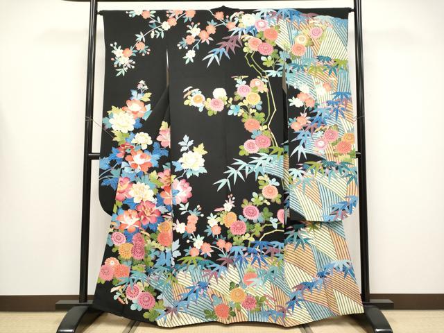 平和屋本店●極上　振袖　友禅　作家物　草花文　黒地　逸品　CYAA4481s6