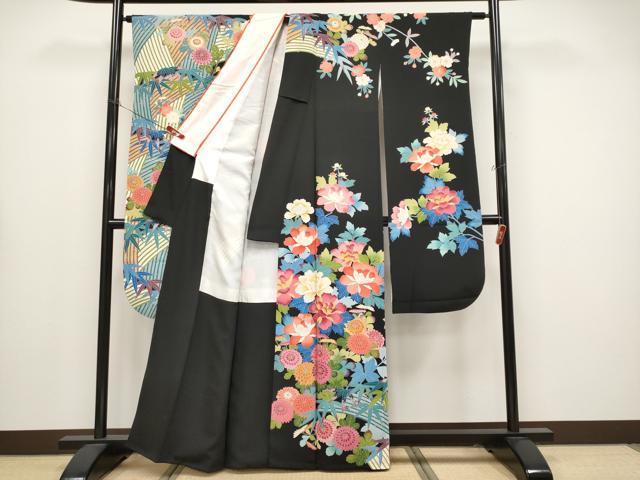 平和屋本店●極上　振袖　友禅　作家物　草花文　黒地　逸品　CYAA4481s6_1